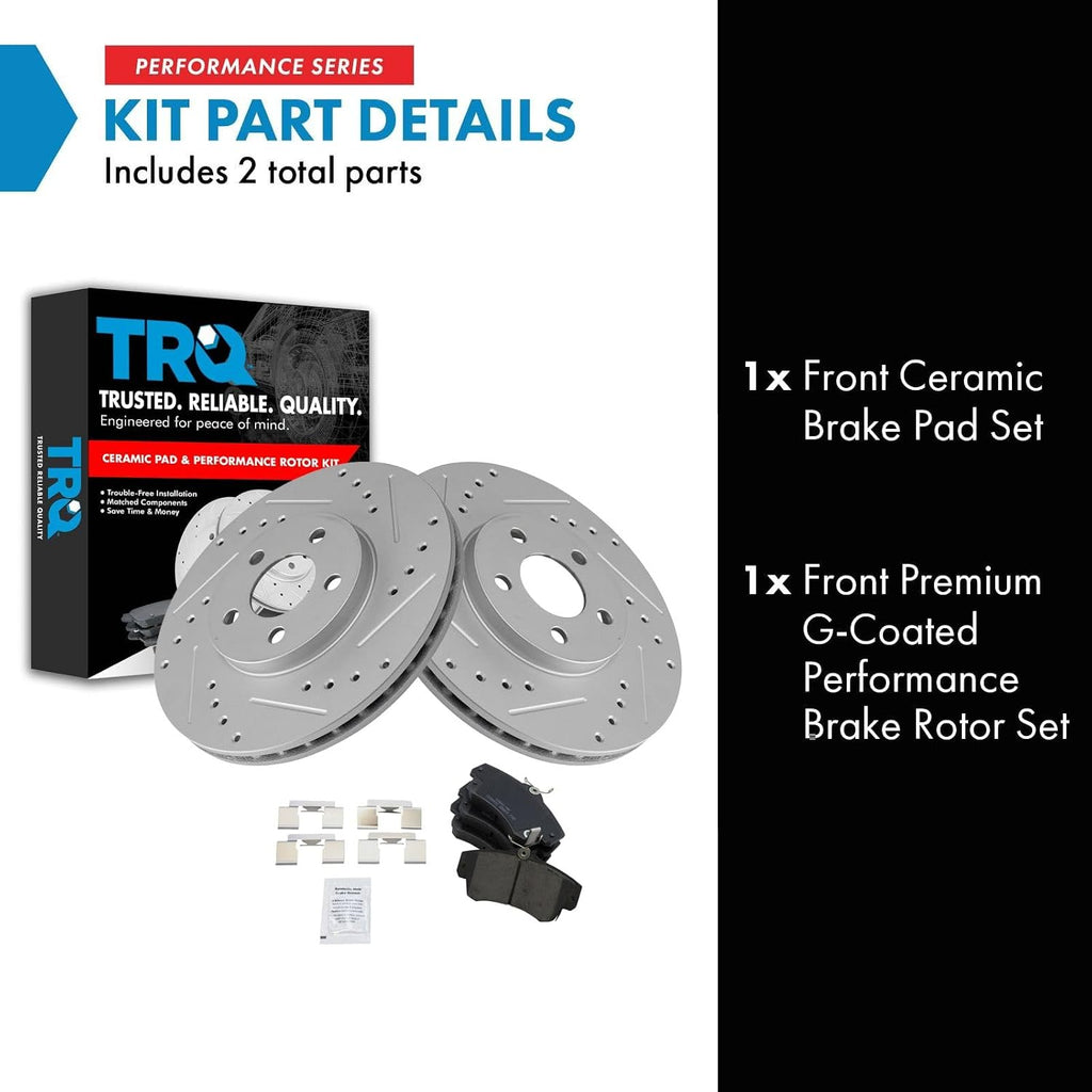 TRQ Performance Front Brake Pad and Rotor Set Ceramic Coated Drilled Slotted Rotors 11.02 in for 2001-2010 Chrysler PT Cruiser