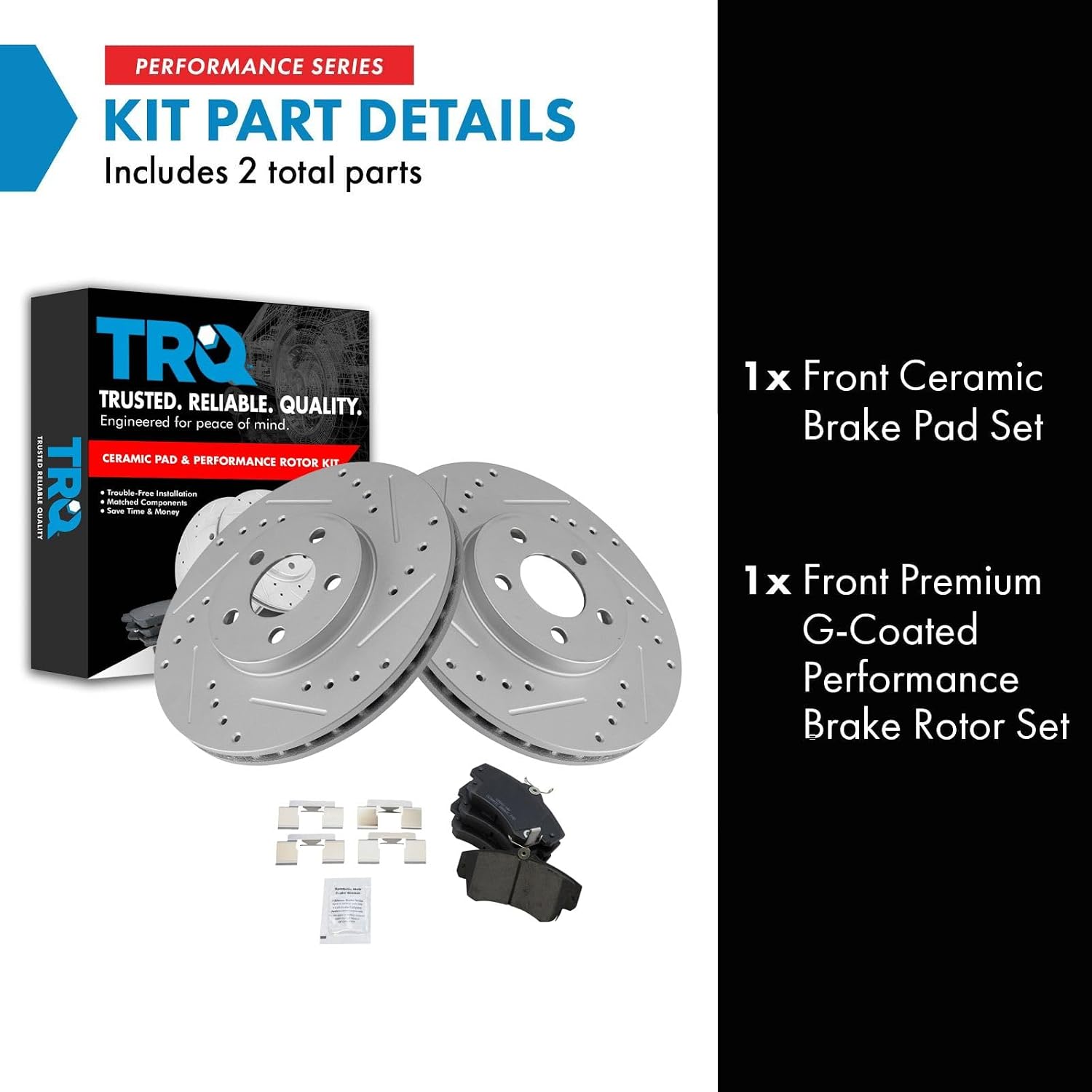 TRQ Performance Front Brake Pad and Rotor Set Ceramic Coated Drilled Slotted Rotors 11.02 in for 2001-2010 Chrysler PT Cruiser