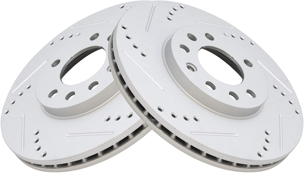 TRQ Performance Front Brake Pad & Rotor Set Ceramic Coated Drilled Slotted Vented Rotors Compatible with 99-03 Saab 9-3 99-05 9-5 2000 Saturn LS LS1 LS2 LW1 LW2 01-02 L100 01-03 L200 LW200 LW300