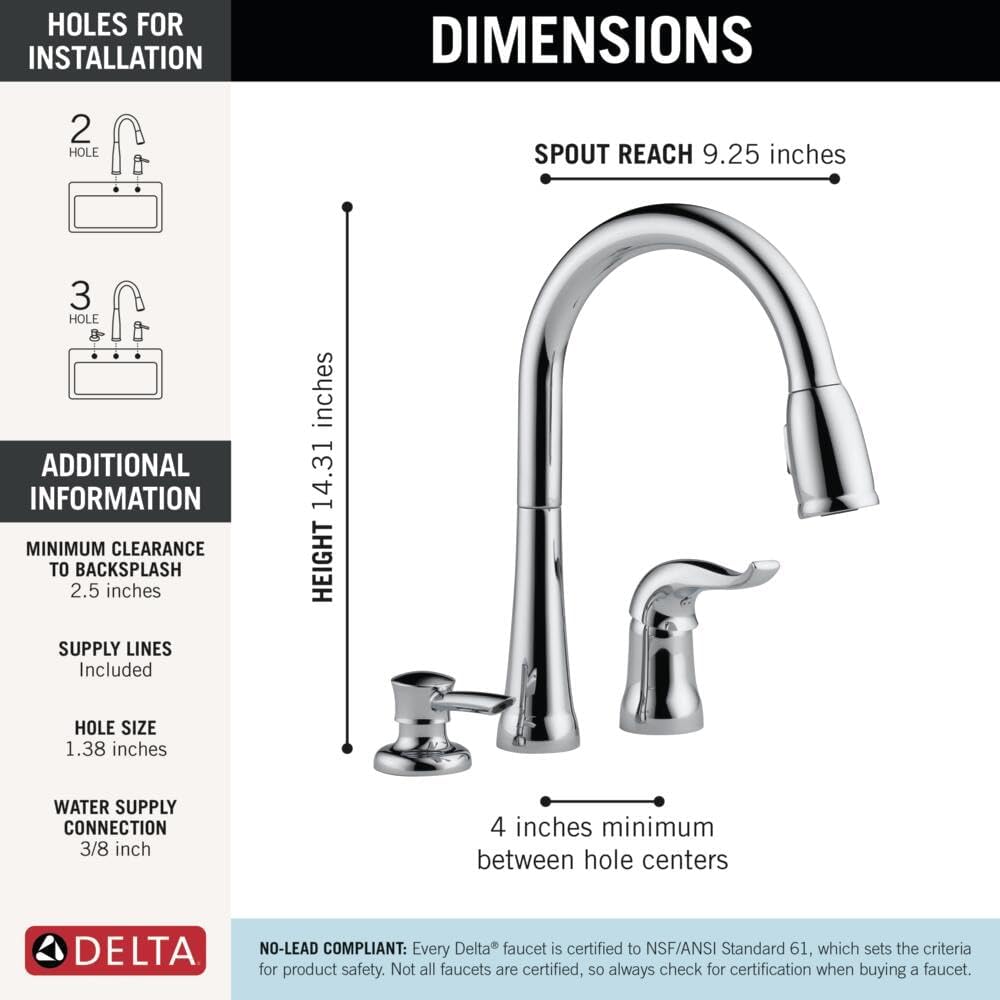 Delta Kate Chrome Kitchen Faucet with Pull Down Sprayer and Soap Disperser, Modern Two Hole Kitchen Sink Faucet, Single Handle, Chrome 16970-SD-DST