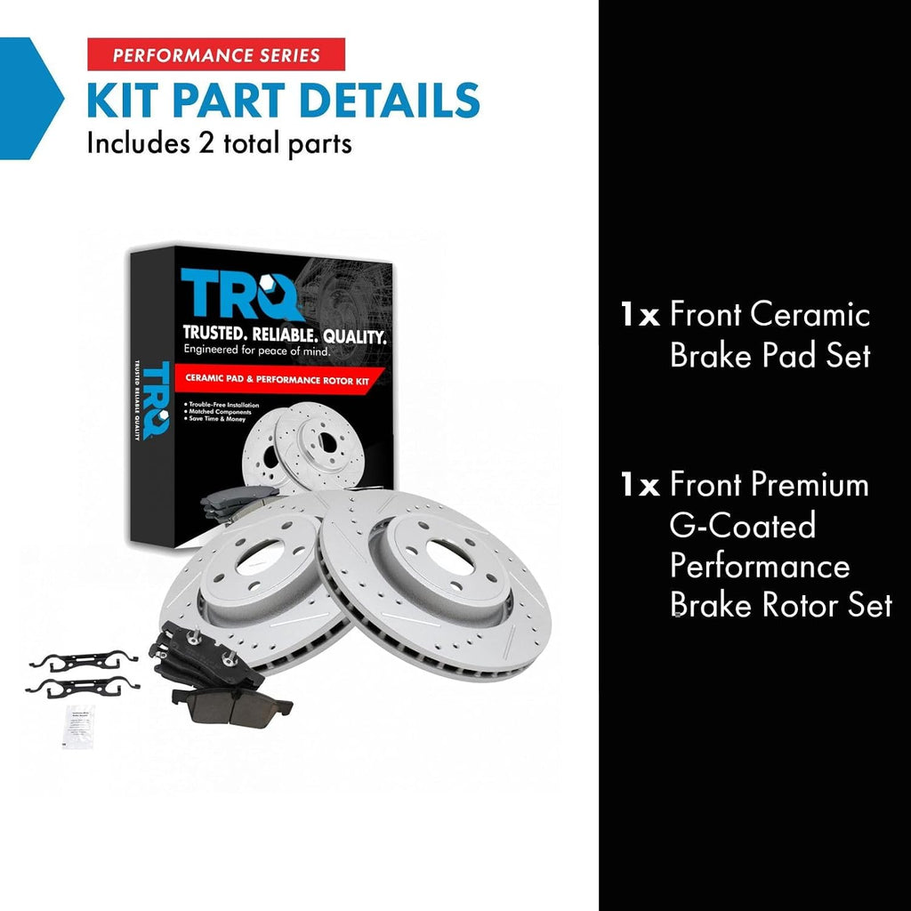 TRQ Performance Front Brake Pad and Rotor Set Ceramic Coated Drilled Slotted Vented Rotors Compatible with 2011-2016 Dodge Durango Grand Cherokee