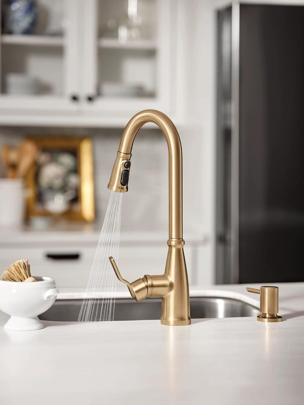 Moen 87071BZG Nolia One-Handle Pull-Down Kitchen Faucet with Power Boost, Soap Dispenser Included, High Arc, 1 or 3 Hole Installation, Brushed Gold