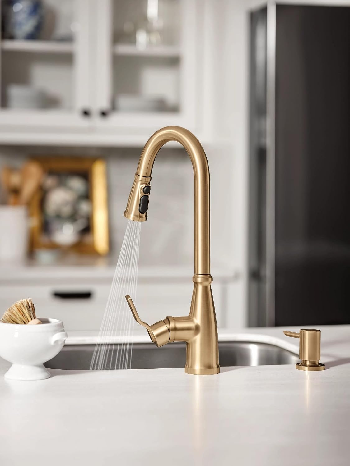 Moen 87071BZG Nolia One-Handle Pull-Down Kitchen Faucet with Power Boost, Soap Dispenser Included, High Arc, 1 or 3 Hole Installation, Brushed Gold