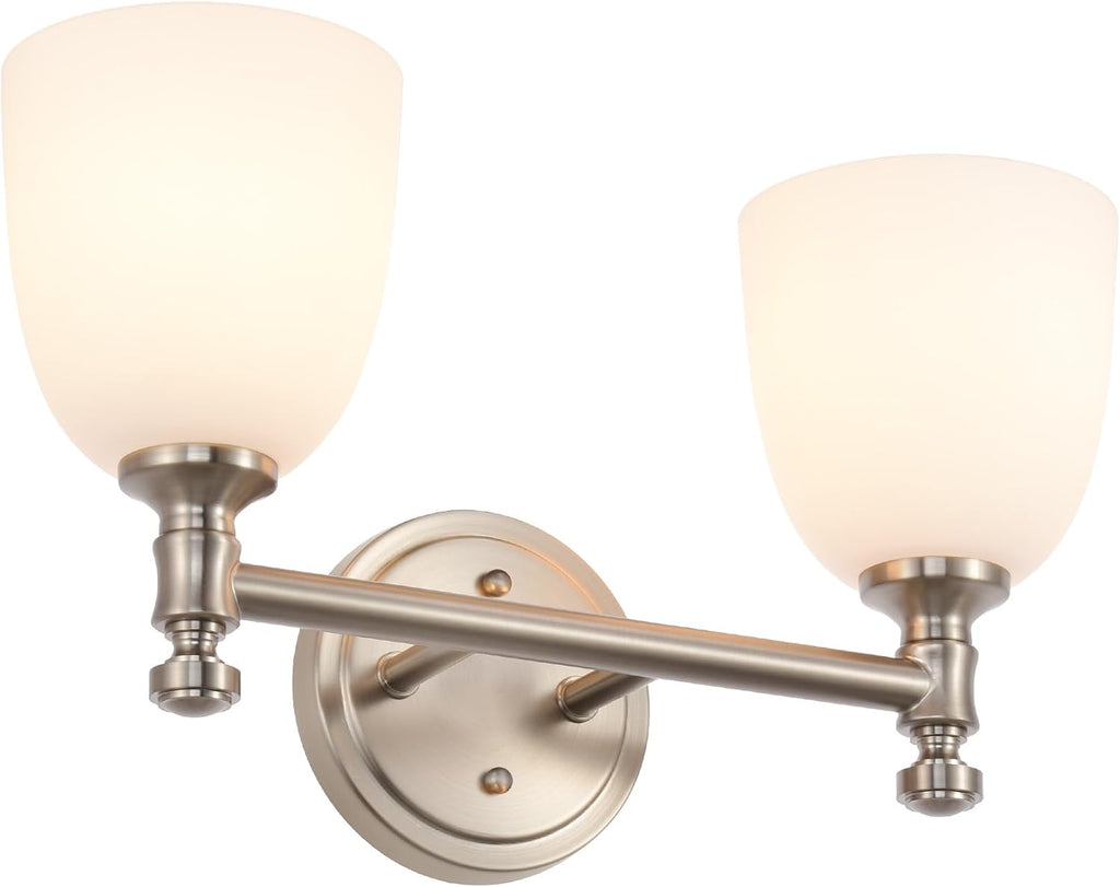Bathroom Light Fixtures, Brushed Nickel 2-Light Bathroom Vanity Light Fixtures Over Mirror, Vintage Vanity Lights for Bathroom Living Room, Milk White Glass Shades , Standard E26 Base, Brushed Nickel