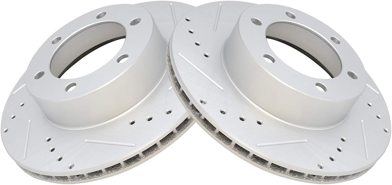 TRQ Performance Front Ceramic Brake Pad and Rotor Set Coated Drilled Slotted Compatible with 1996-2000 Toyota 4Runner with 16 Inch Wheels