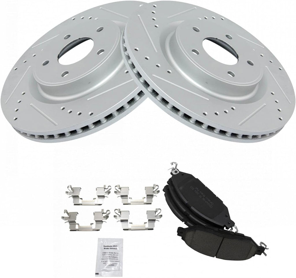 TRQ Performance Front Brake Pad and Rotor Set Ceramic Coated Drilled Slotted Compatible with 2013 Infiniti JX35 2014-2020 QX60 2015-2021 Nissan Murano 2013-2020 Pathfinder