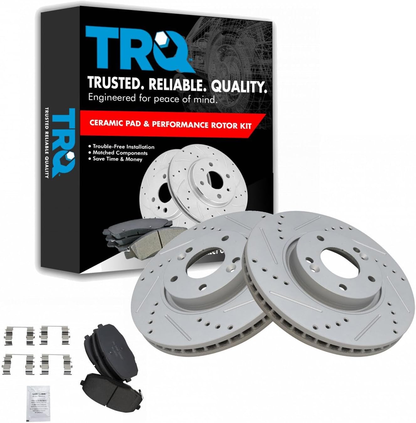 TRQ Performance Front Brake Pad and Rotor Set Ceramic Coated Drilled Slotted Vented Rotors Compatible with 2010-2013 Kia Forte Forte Koup