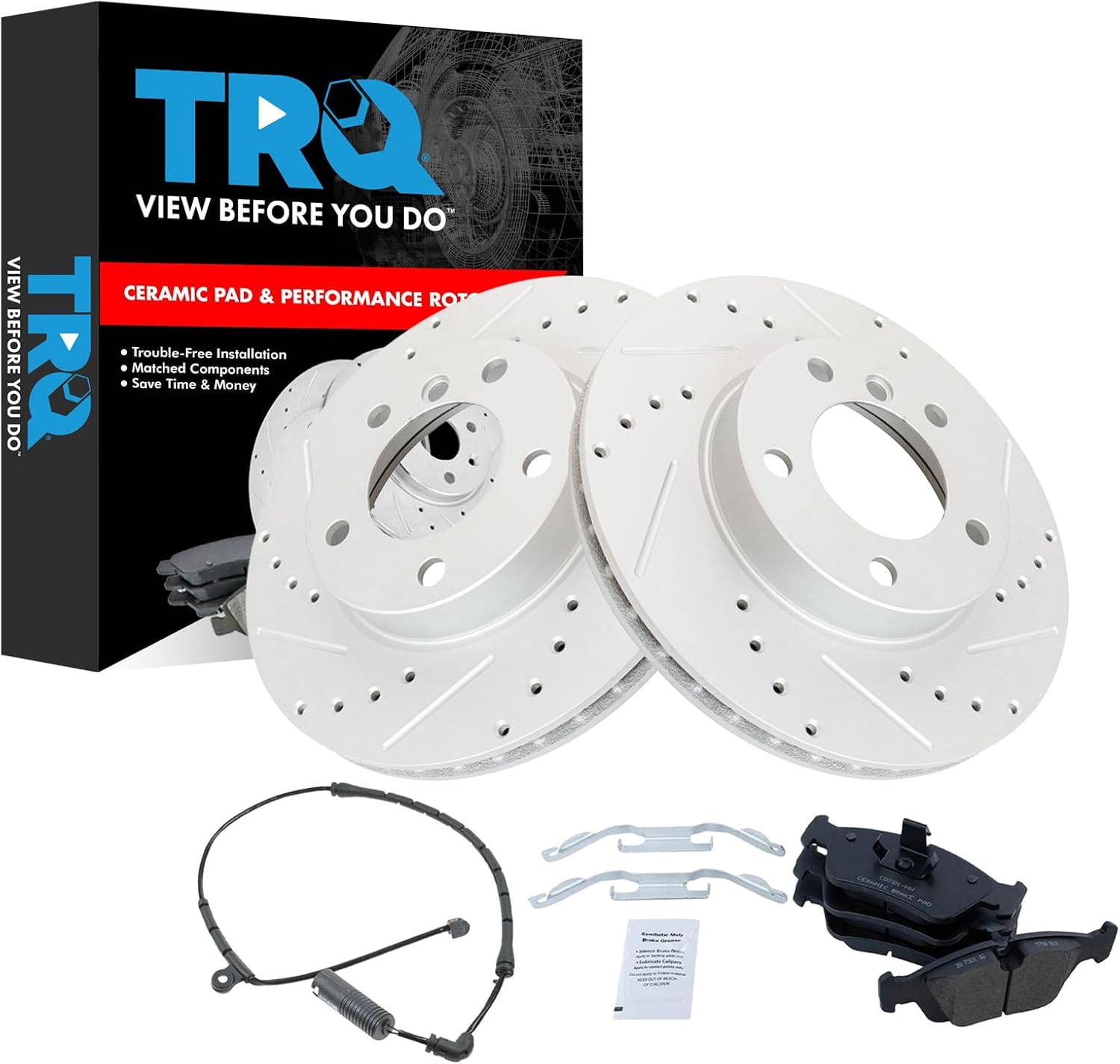 TRQ Front Performance Brake Pad & Rotor Kit Brake Pad Wear Sensor Brake Pads Brake Rotors Set Ceramic Premium G-Coated Compatible with 2000 BMW 323Ci 1999-2000 323i