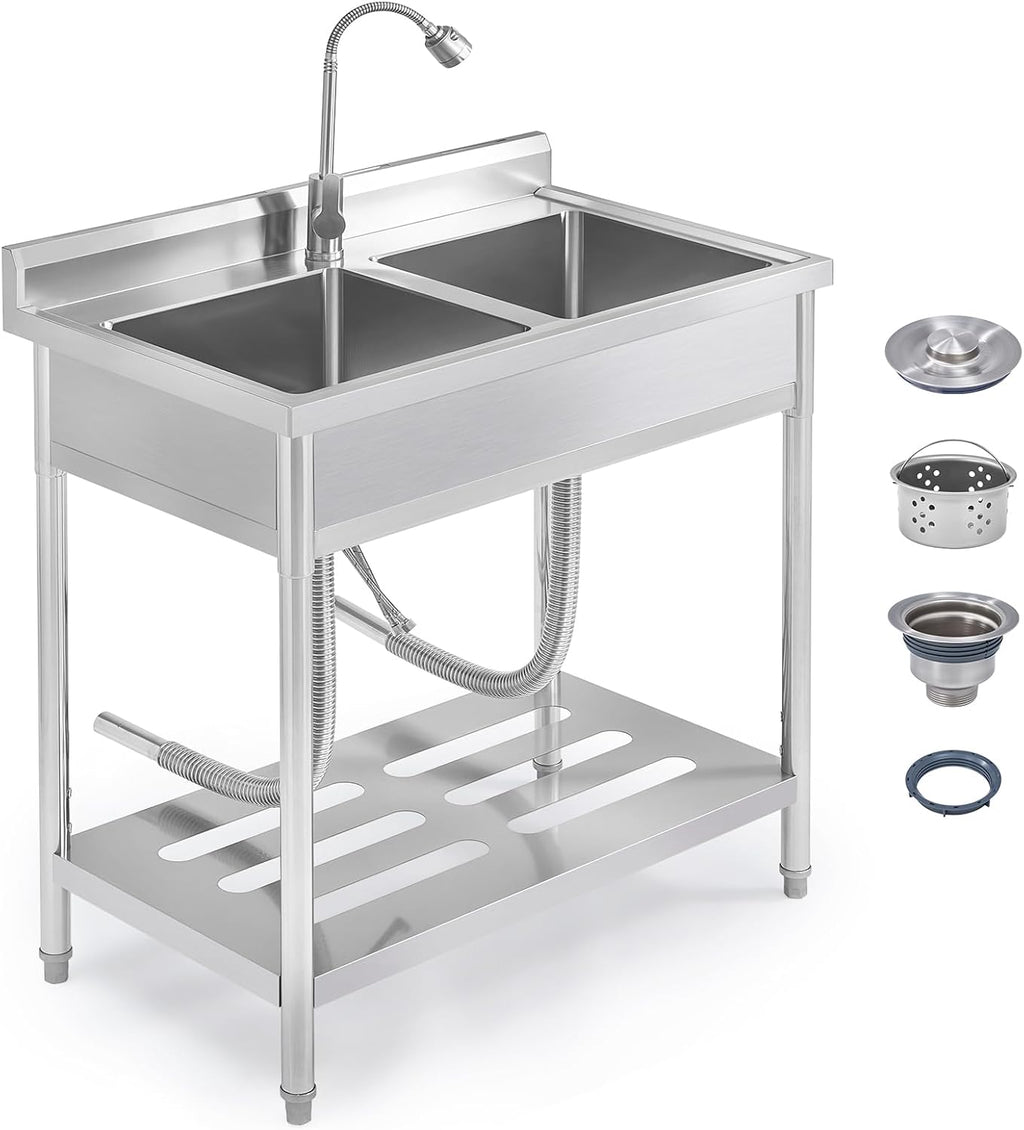 Garvee 2 Compartment Stainless Steel Commercial Sink, Double Bowl Utility Sink with 360° Swivel Faucet, Storage Shelf & Adjustable Feet, Freestanding Prep Sink for Restaurant, Garage, Workshop, Outdoo