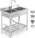 Garvee 2 Compartment Stainless Steel Commercial Sink, Double Bowl Utility Sink with 360° Swivel Faucet, Storage Shelf & Adjustable Feet, Freestanding Prep Sink for Restaurant, Garage, Workshop, Outdoo