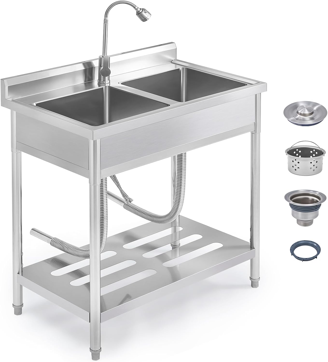 Garvee 2 Compartment Stainless Steel Commercial Sink, Double Bowl Utility Sink with 360° Swivel Faucet, Storage Shelf & Adjustable Feet, Freestanding Prep Sink for Restaurant, Garage, Workshop, Outdoo