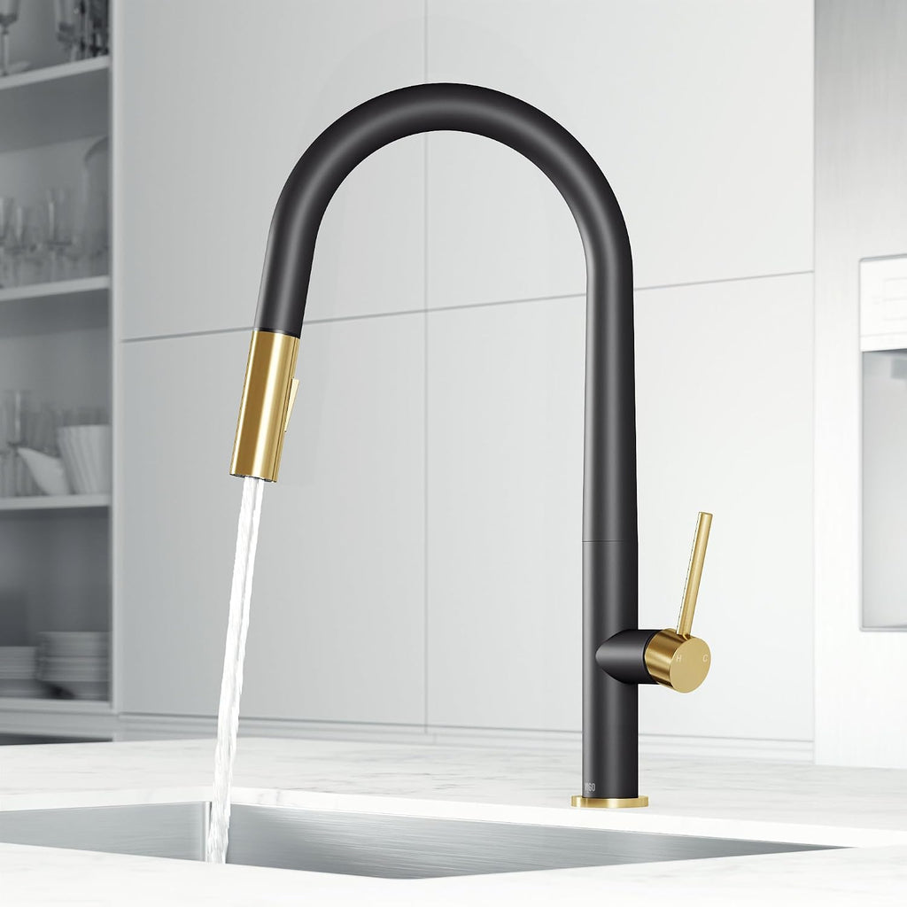 VIGO Greenwich 18'' H Single Handle Pull-Down Sprayer Kitchen Faucet in Matte Black and Matte Brushed Gold-VG02029MBMGB