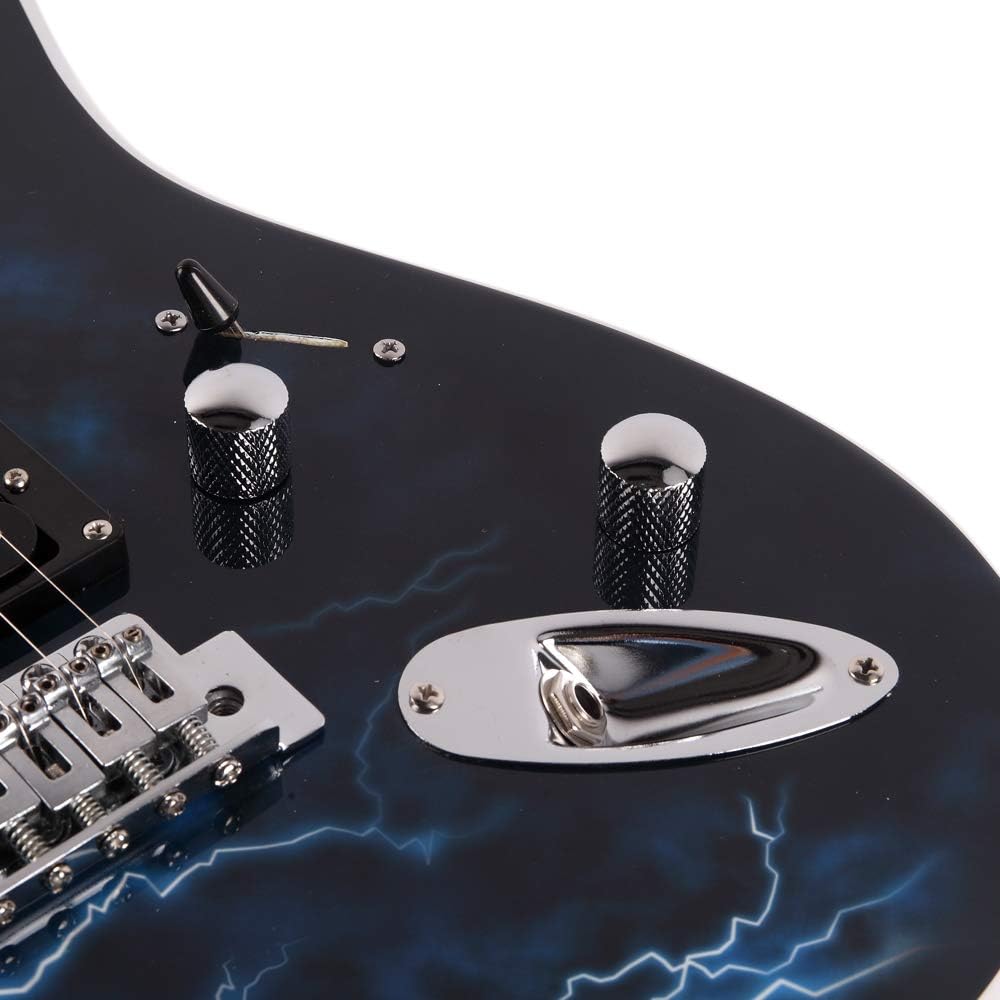 Full Size Electric Guitar Kit,39 Inch Beginner Electric Guitar,Complete Electric Guitars Set with Bag, Shoulder Strap, Power Wire, Wrench Tool,Tremolo Arm and Picks,White and Dark Blue