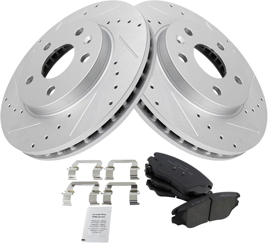 TRQ Performance Front Brake Pad and Rotor Set Ceramic Drilled Slotted Coated Rotors Compatible with 2012-2016 Buick LaCrosse 2011-2017 Regal 2013-2015 Chevrolet Malibu 2016 Malibu Limited