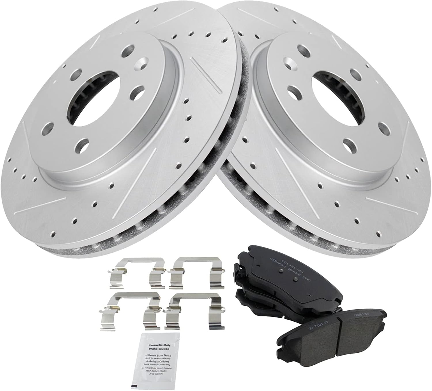 TRQ Performance Front Brake Pad and Rotor Set Ceramic Drilled Slotted Coated Rotors Compatible with 2012-2016 Buick LaCrosse 2011-2017 Regal 2013-2015 Chevrolet Malibu 2016 Malibu Limited