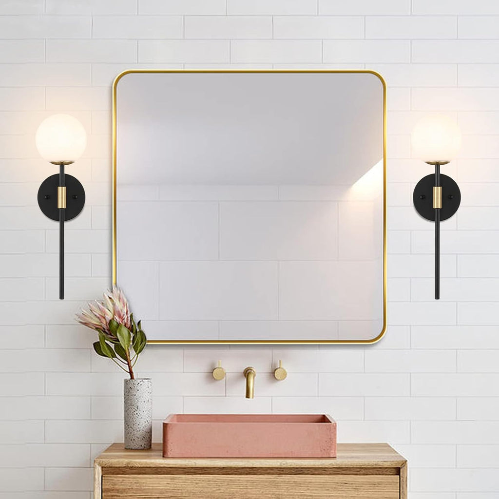 BYOLIIMA Industrial Mid Century Wall Sconce Set of 2 with White Globe Glass Shades Modern Bathroom Vanity Wall Lamp Black and Gold Finished Wall Light Fixture