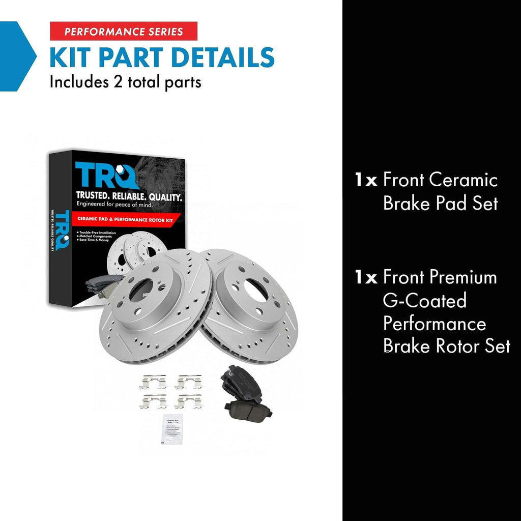 TRQ Performance Front Brake Pad and Rotor Set Ceramic Drilled Slotted Coated Rotors Compatible with 2004-2009 Toyota Prius
