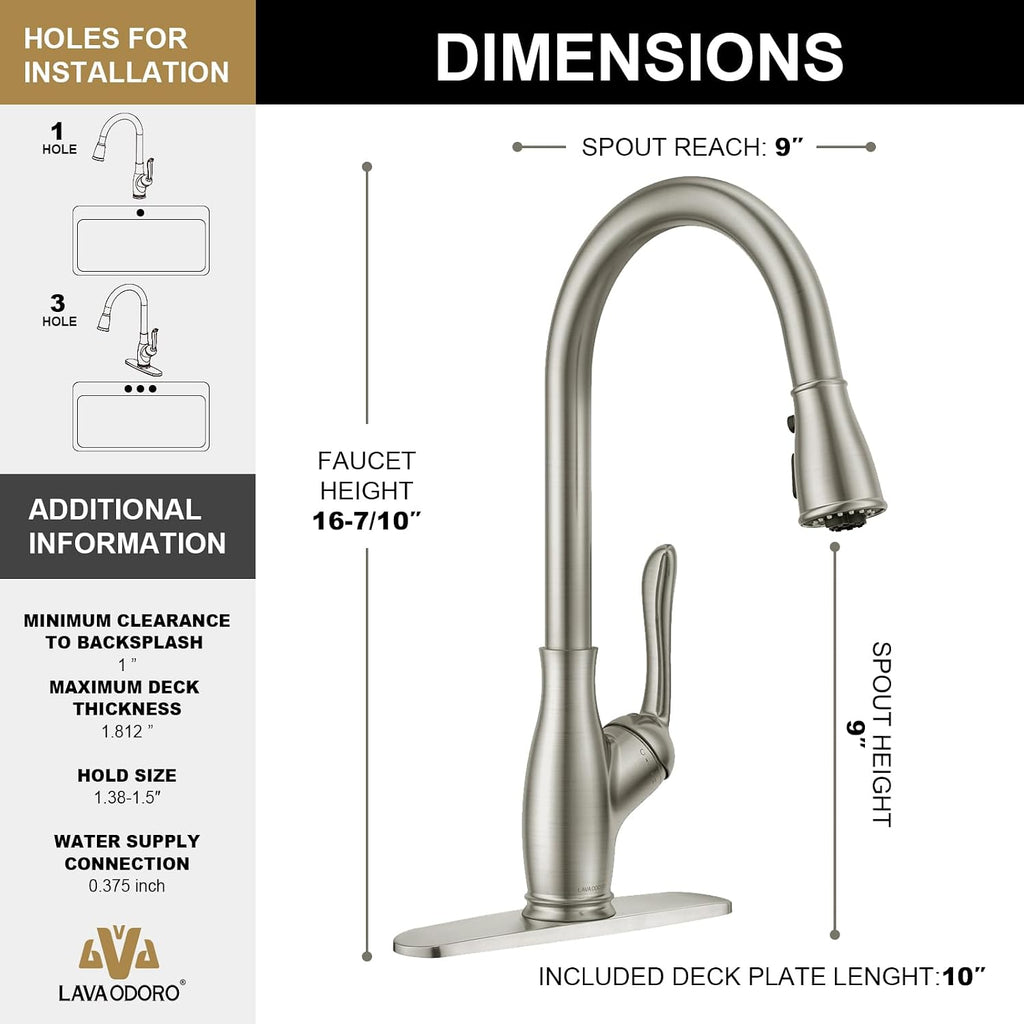 Lava Odoro Kitchen Faucet with Pull Down Sprayer, Brushed Nickel Kitchen Sink Faucet with Magnetic Docking Spray 3-Function, Brass Faucet for Kitchen Sink 1 Hole and 3 Hole with Deck Plate, KF271-BN