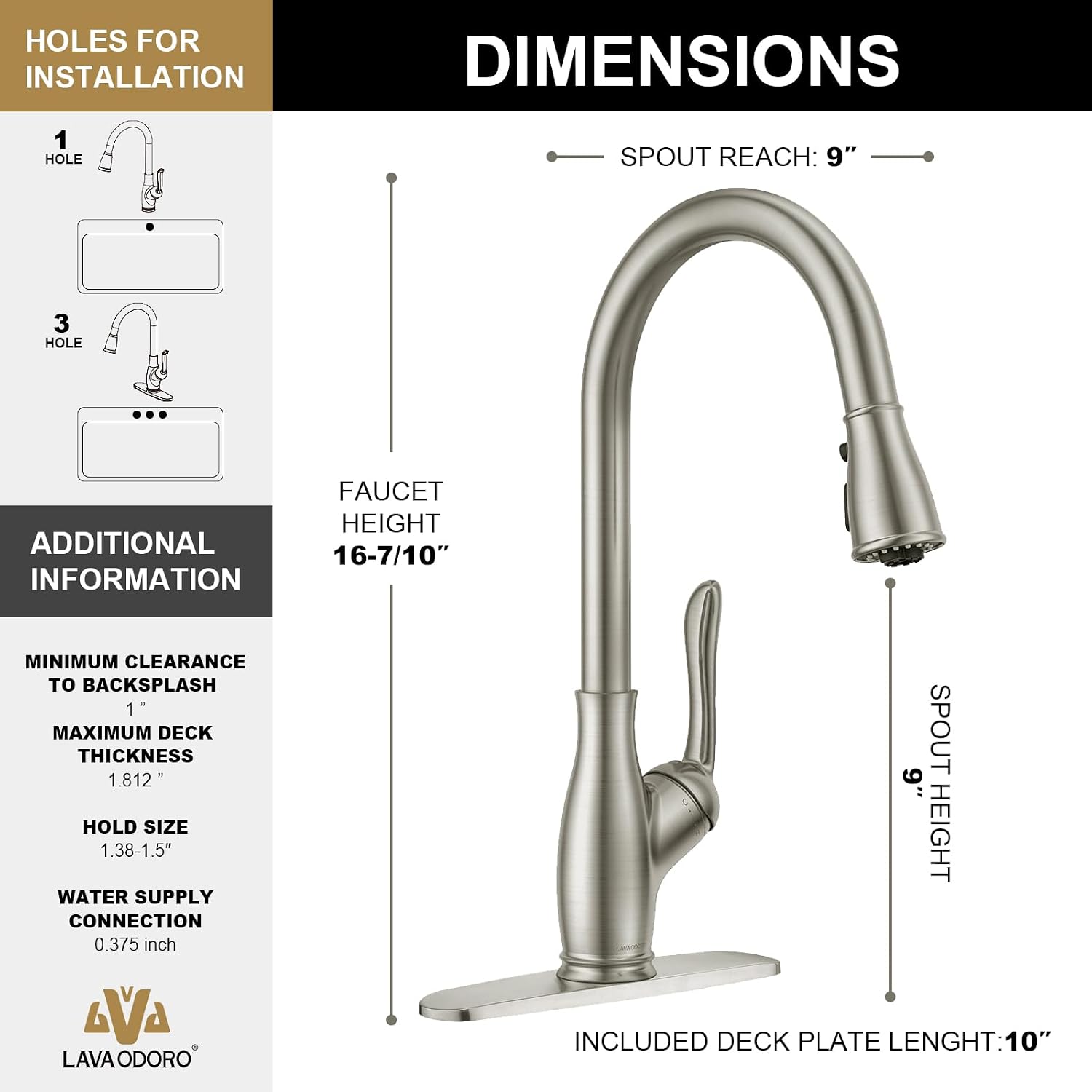 Lava Odoro Kitchen Faucet with Pull Down Sprayer, Brushed Nickel Kitchen Sink Faucet with Magnetic Docking Spray 3-Function, Brass Faucet for Kitchen Sink 1 Hole and 3 Hole with Deck Plate, KF271-BN