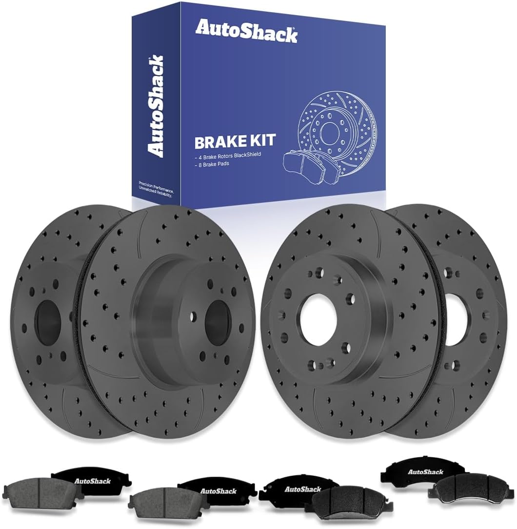 AutoShack Front & Rear Brake Rotors & Ceramic Pads for Chevrolet, Silverado 1500 2007-2013, 4WD RWD V8 4.8L 5.3L 6.0L 6.2L - Coated Drilled & Slotted - Black Matte Finish - BlackShield