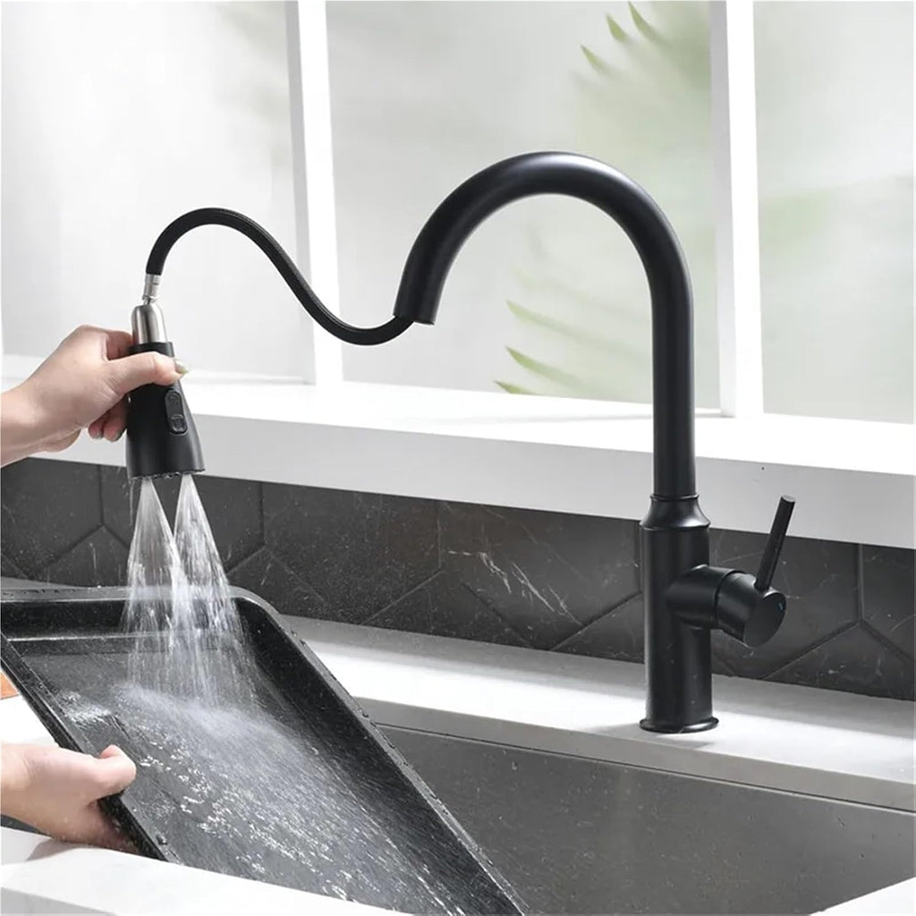 Kitchen Pull-Out Faucet Hot and Cold Water Sink Stainless Steel 360 Rotating Telescopic Faucet(Black)