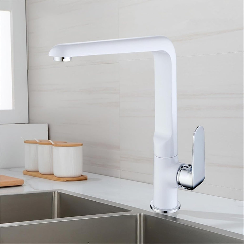 Kitchen Mixer Faucets Sink Taps Hot & Cold Brass Water Crane Single Handle Deck Mount Rotate Faucet(White Chrome)