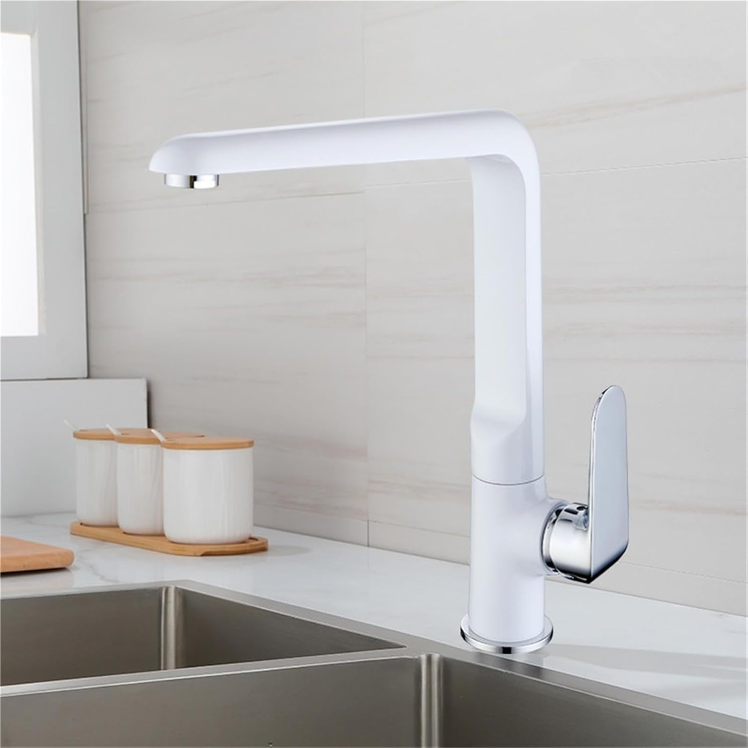 Kitchen Mixer Faucets Sink Taps Hot & Cold Brass Water Crane Single Handle Deck Mount Rotate Faucet(White Chrome)