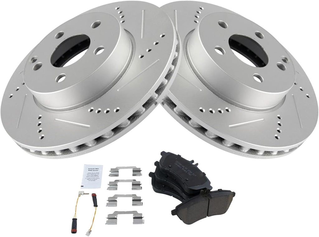TRQ Performance Front Ceramic Brake Pad and Rotor Set Coated Drilled Slotted Compatible with 08-12 Mercedes-Benz C300 without Sport Package 12-15 Mercedes-Benz C250 without Sport Package