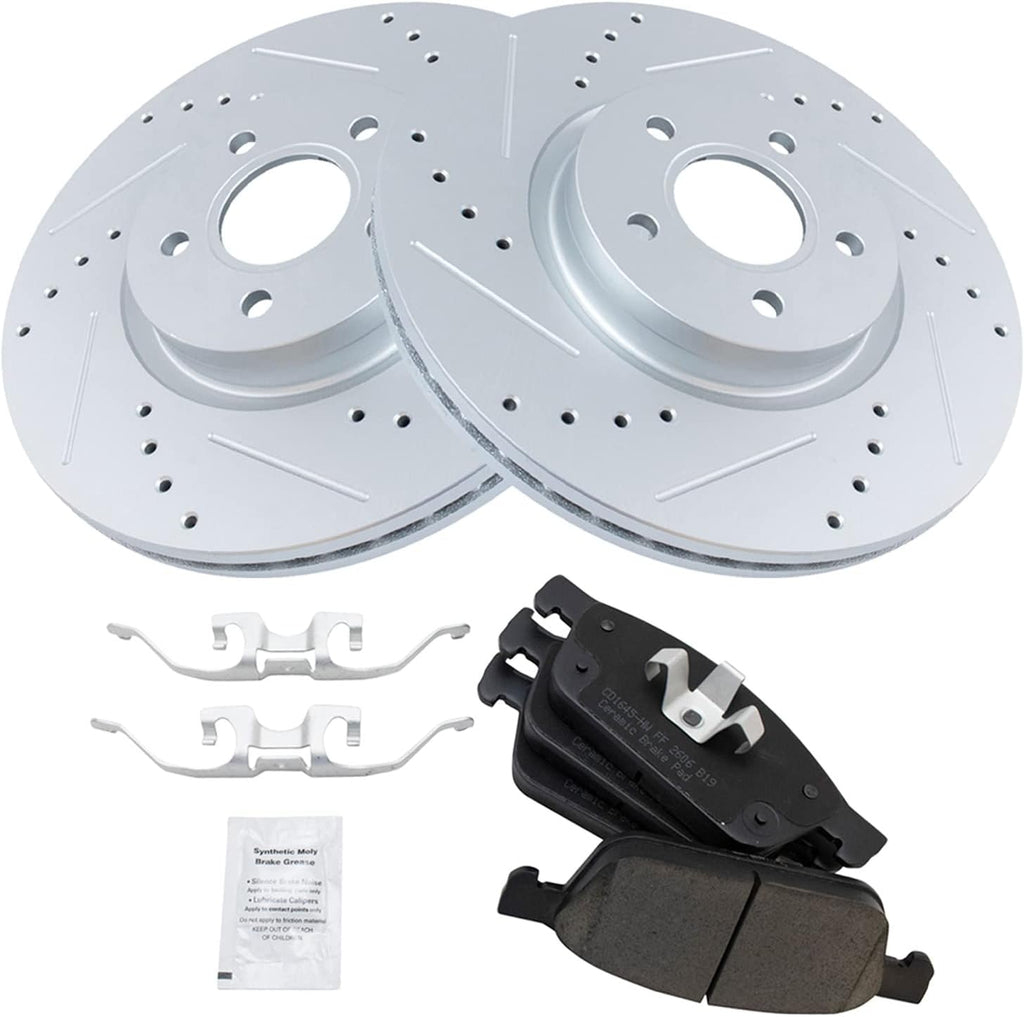 TRQ Performance Front Brake Pad and Rotor Set Ceramic Coated Drilled Slotted Rotors Compatible with 2013-2017 Ford Escape 2014-2018 Transit Connect
