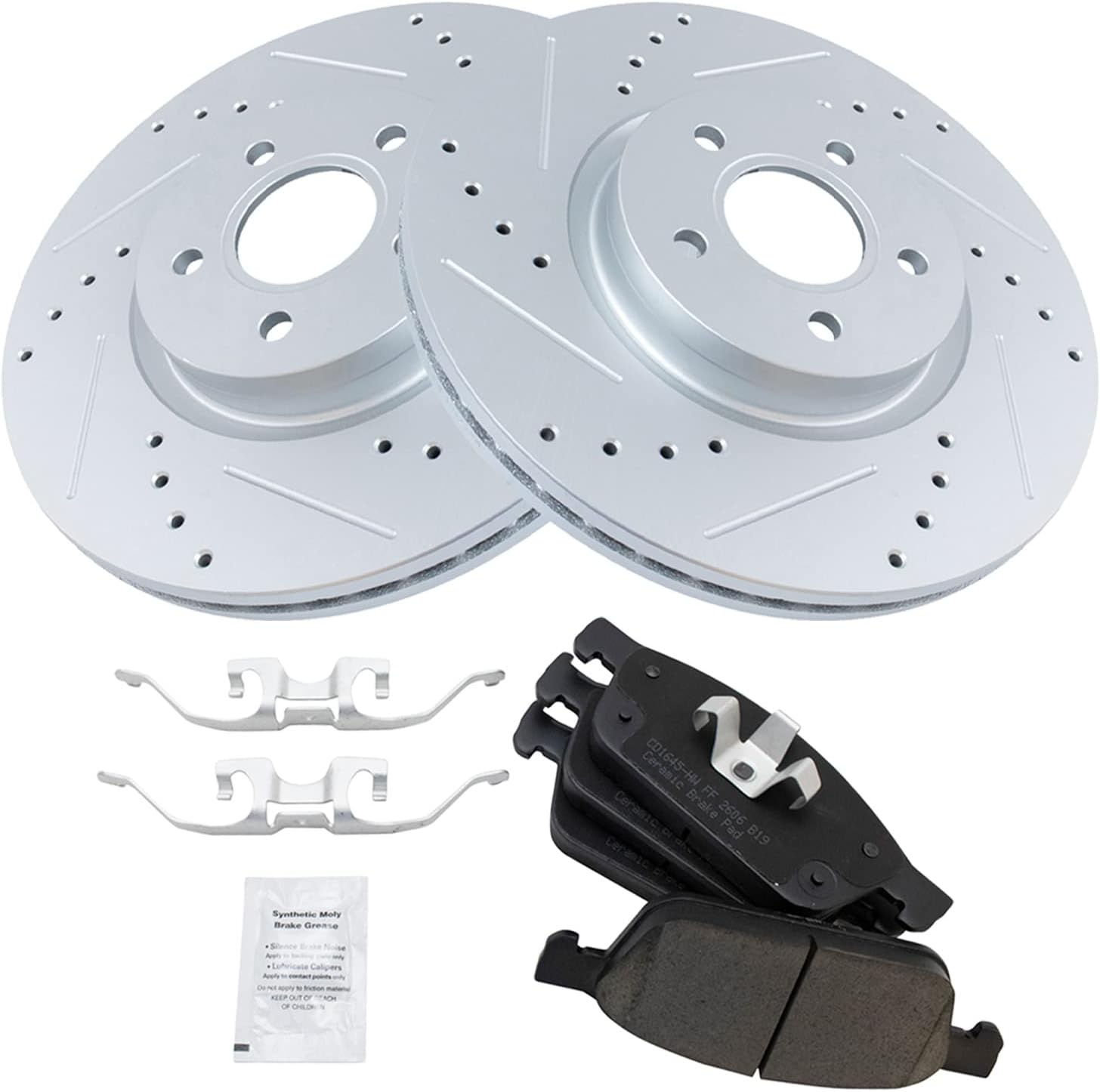 TRQ Performance Front Brake Pad and Rotor Set Ceramic Coated Drilled Slotted Rotors Compatible with 2013-2017 Ford Escape 2014-2018 Transit Connect