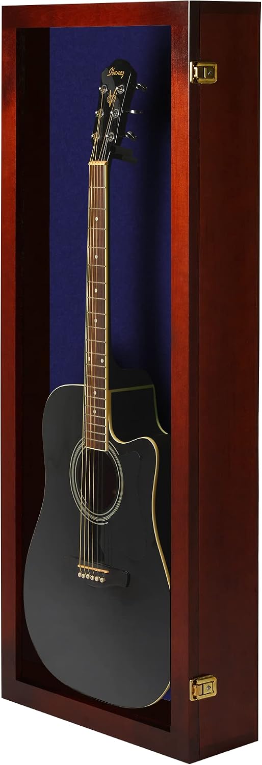 PENNZONI Acoustic Guitar Display Case - Acrylic Acoustic Guitar Case - Guitar Display Case Wall Mount Made from Hardwood Frame & Clear Acrylic - Cherry w/Felt Blue