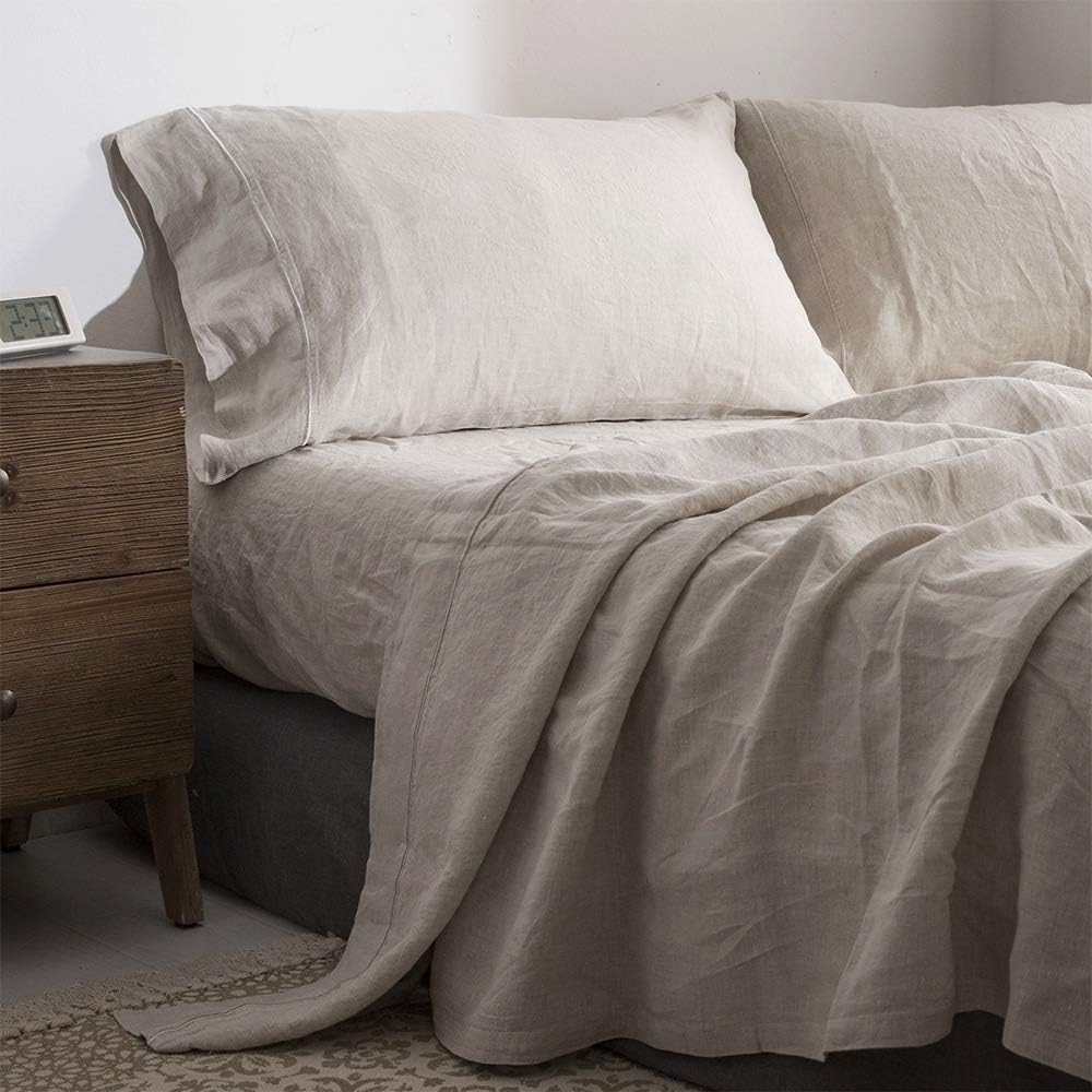 Simple&Opulence 100% Pure Linen Sheet Set Twin Size, Natural French Flax Solid Color 3 Pcs Washed Breathable, Farmhouse Bedding (1 Flat Sheet,1 Fitted Sheet,1 Pillowcase)-Embroidery Linen