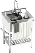 Stainless Steel Utility Sink, 25.6'' Free Standing Single Bowl Sink with Pull-Out Faucet & Cold and Hot Water Pipe & basket, Indoor and Outdoor Sink for Laundry Room, Garage, Kitchen, Silver