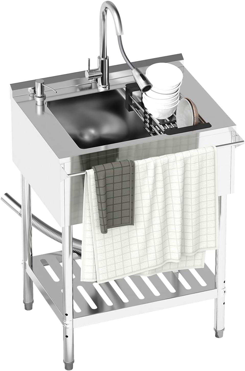 Stainless Steel Utility Sink, 25.6'' Free Standing Single Bowl Sink with Pull-Out Faucet & Cold and Hot Water Pipe & basket, Indoor and Outdoor Sink for Laundry Room, Garage, Kitchen, Silver