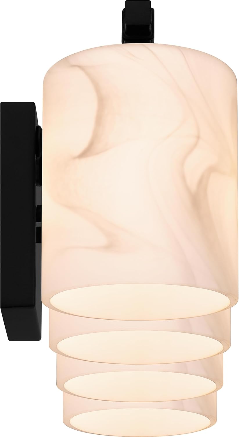 Quoizel Mather Bath Vanity Lights, 32 Inch 4-Light Lighting Fixtures Over Mirror, Matte Black with Marbled Glass Shade, 40W G9 Base Bulbs, Transitional Wall Mount Light for Bathrooms, Dresser or Sink
