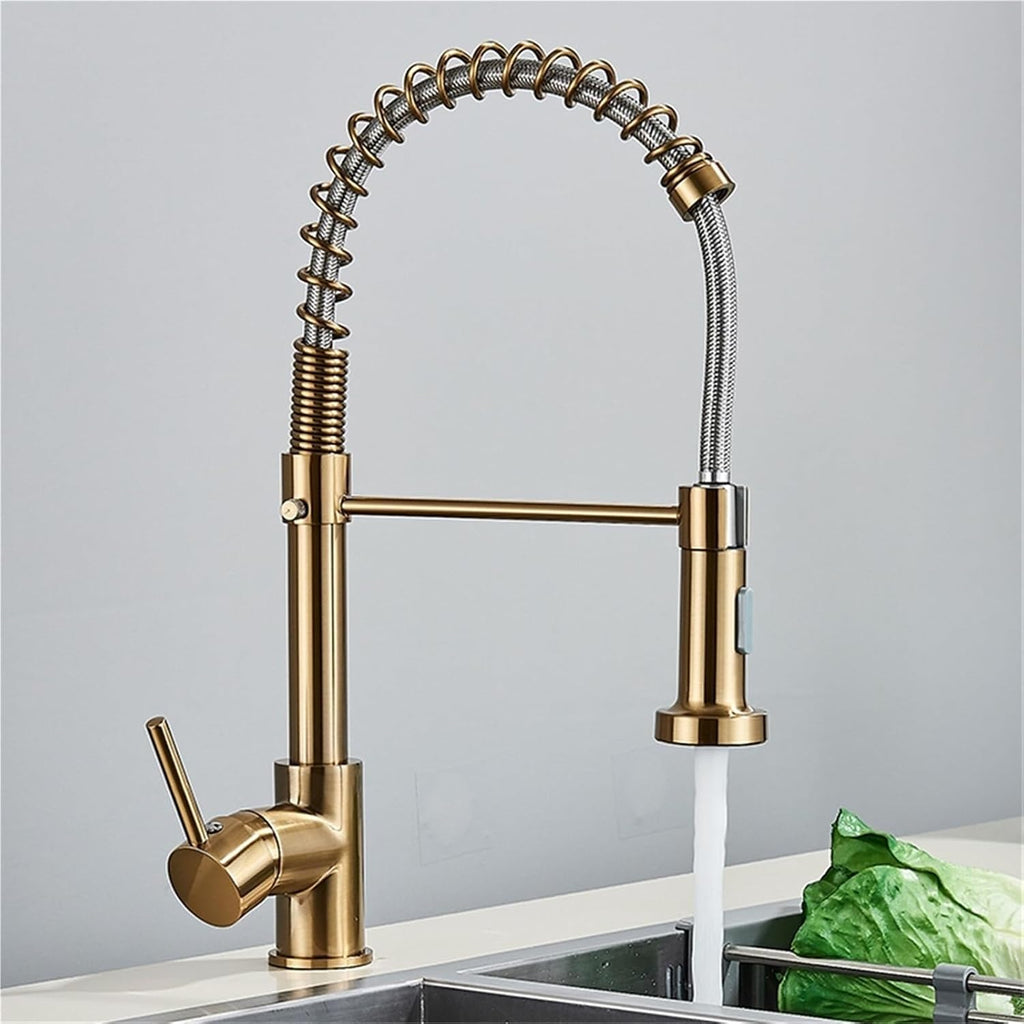 360° Rotating Single Handle Kitchen Faucet with Pull Down 2-Way Spray Hot and Cold Water Mixer Tap(Brush Gold Grey Hose)