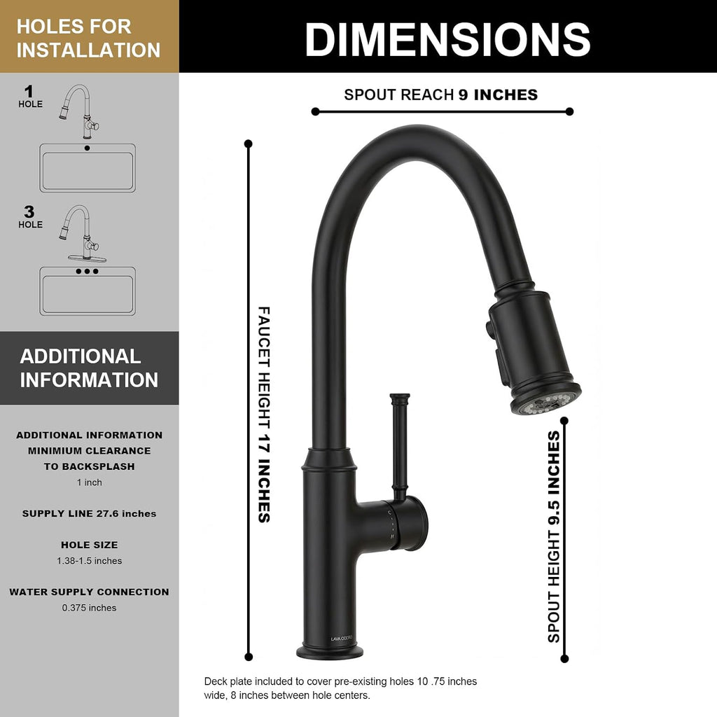 Lava Odoro Curtura Matte Black Kitchen Faucet with Pull-Down Sprayer, Single Handle Kitchen Sink Faucet Black Faucet for Kitchen Sink 1 Hole, Deck Plate Included, 1.8 GPM, KF421-MB