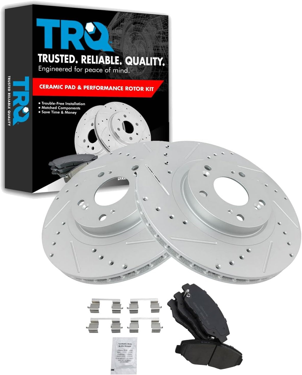 TRQ Performance Front Brake Pad and Rotor Set Ceramic Coated Drilled Slotted Vented Rotors Compatible with 2005-2006 Honda CR-V 2012-2015 Civic 2013-2015 Acura ILX