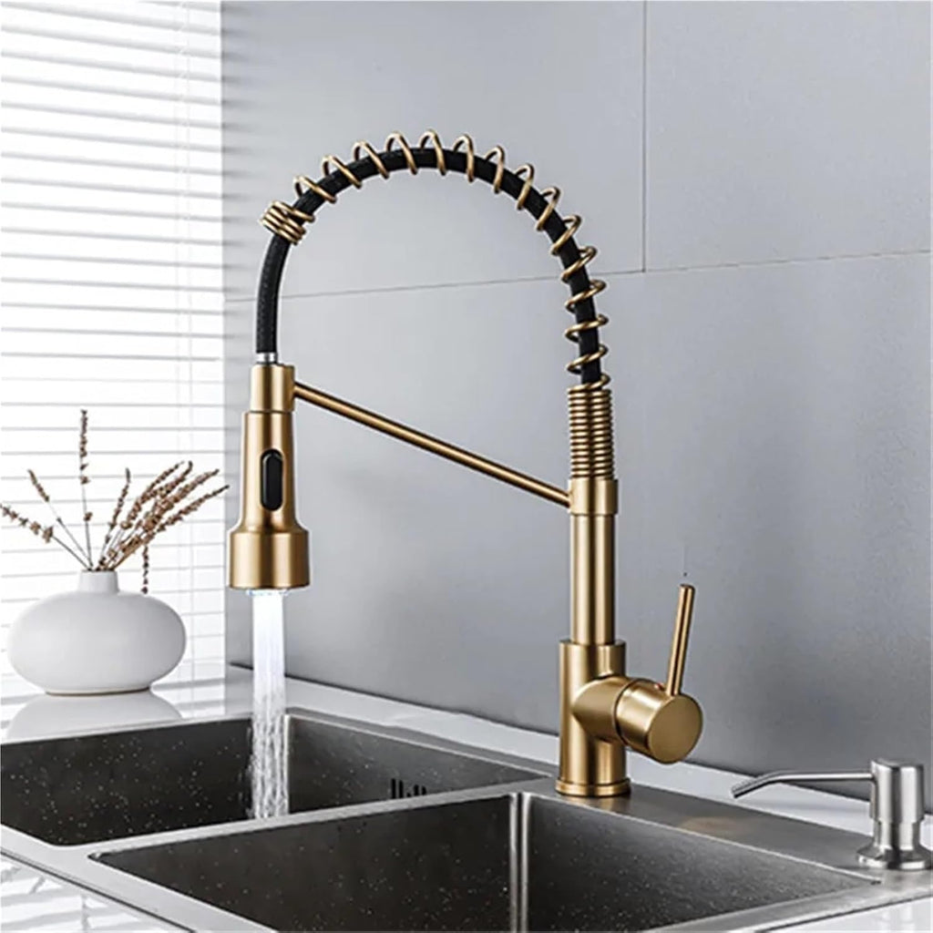 Kitchen Faucet Kitchen Sink Single Lever Pull Out Spring Spout Mixers Tap Hot Cold Water Crane(Brushed Gold)
