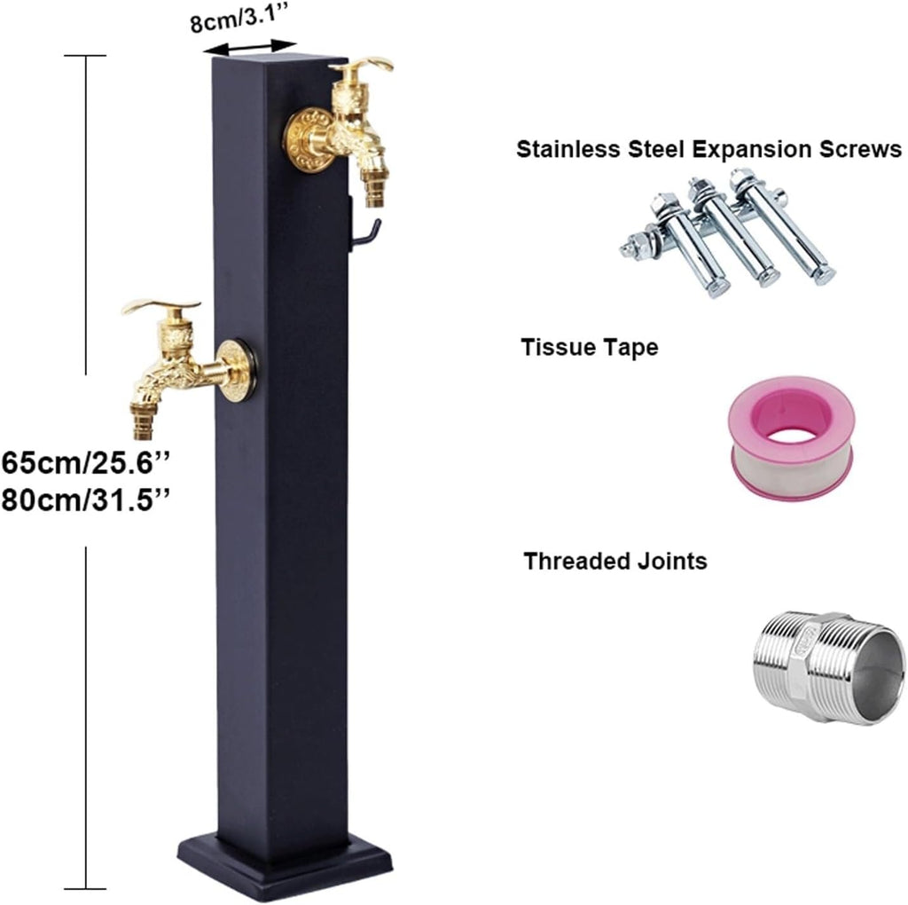 Outdoor Water Column Square Hose Stand with Faucet Antifreeze Water Tap with 2 Gold Faucets Vertical Decorative Fountain Garden(Negro,65x8cm)