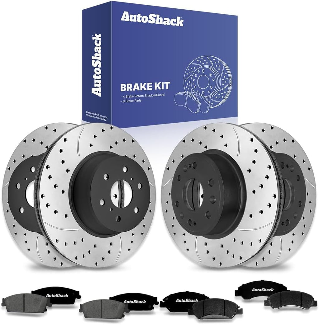 AutoShack Front & Rear Brake Rotors & Ceramic Pads for Chevrolet & GMC, Silverado 1500 2007-2013 Sierra 1500 2007-2013, 4WD RWD AWD V8 4.8L 5.3L 6.0L 6.2L - E-Coated Drilled & Slotted - ShadowGuard