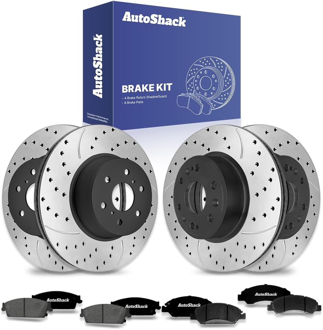 AutoShack Front & Rear Brake Rotors & Ceramic Pads for Chevrolet & GMC, Silverado 1500 2007-2013 Sierra 1500 2007-2013, 4WD RWD AWD V8 4.8L 5.3L 6.0L 6.2L - E-Coated Drilled & Slotted - ShadowGuard