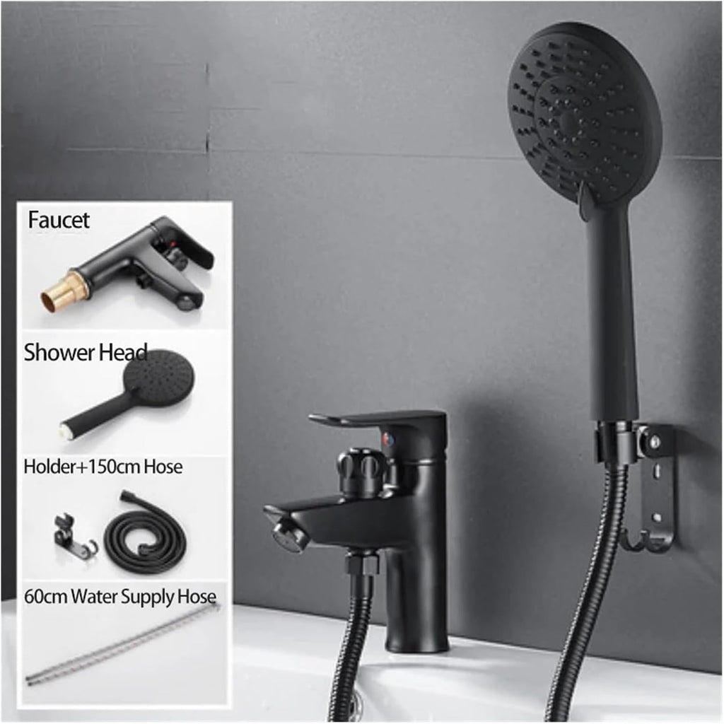 Brass Bathroom Basin Single Handle Sink hot and Cold Water Mixing Valve Nozzle Bathtub Faucet (Black Faucet Set3)