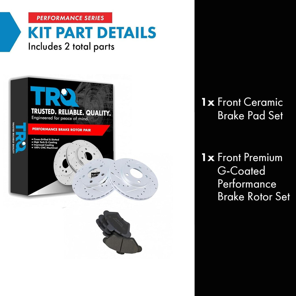 TRQ Performance Front Brake Pad and Rotor Set Ceramic Coated Drilled Slotted Vented Rotors Compatible with 1994-1998 Ford Mustang