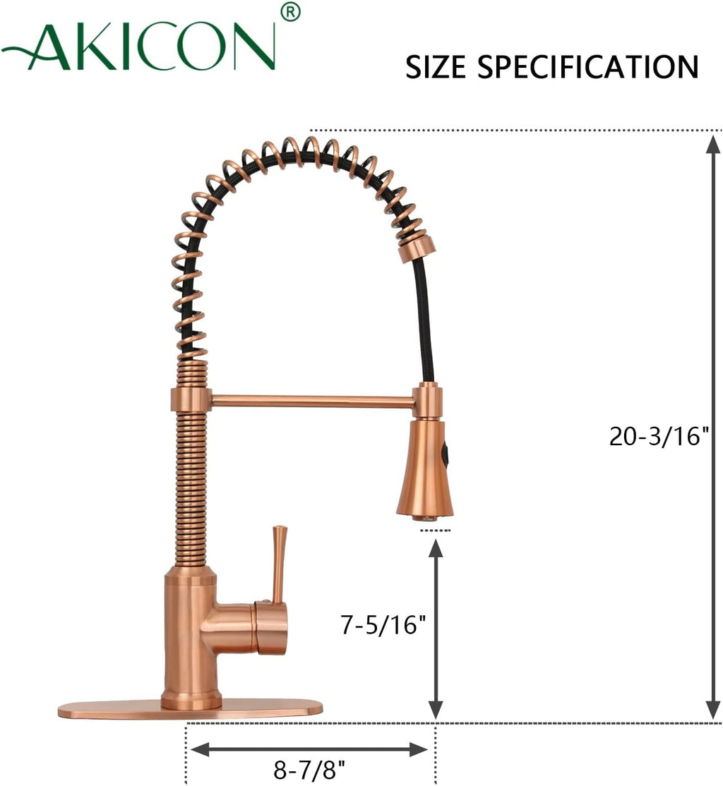 Akicon Copper Kitchen Faucet with Soap Dispenser, Single Handle Solid Brass High Arc Pull Down Sprayer Head Kitchen Sink Faucets with Deck Plate
