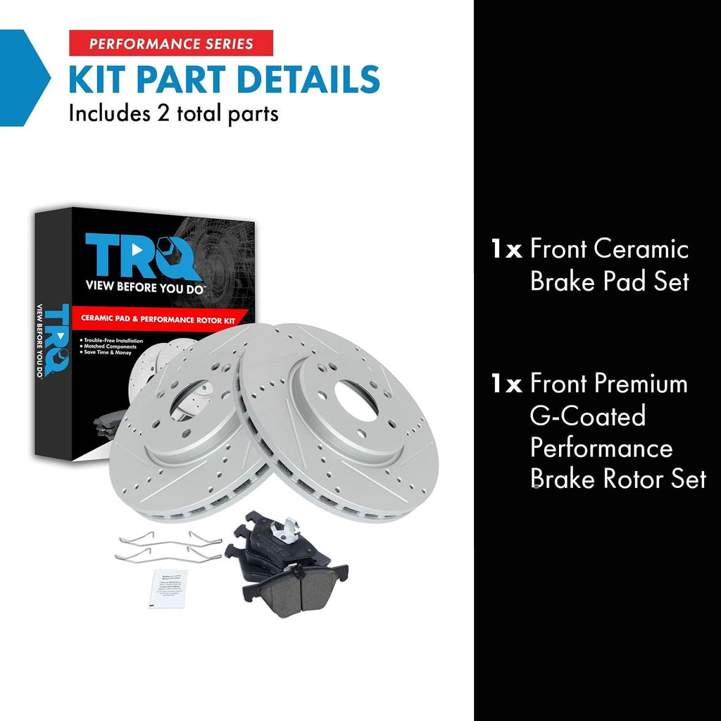 TRQ Performance Front Brake Pad and Rotor Set Ceramic Drilled Slotted Coated Rotors Compatible with 96-03 Mercedes-Benz E320 98-99 E300 98-03 CLK320 99-03 CLK430 98-02 E430 01-04 SLK320