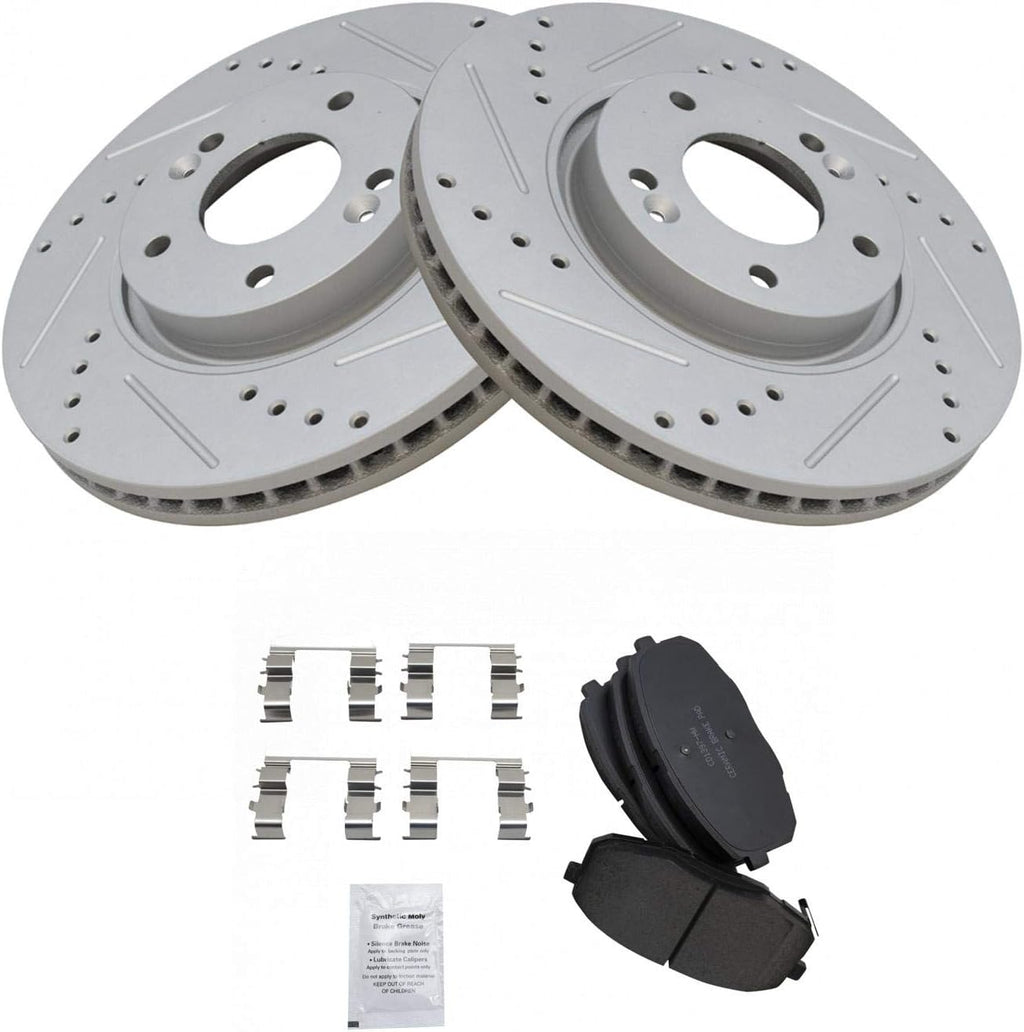 TRQ Performance Front Brake Pad and Rotor Set Ceramic Coated Drilled Slotted Vented Rotors Compatible with 2010-2013 Kia Forte Forte Koup