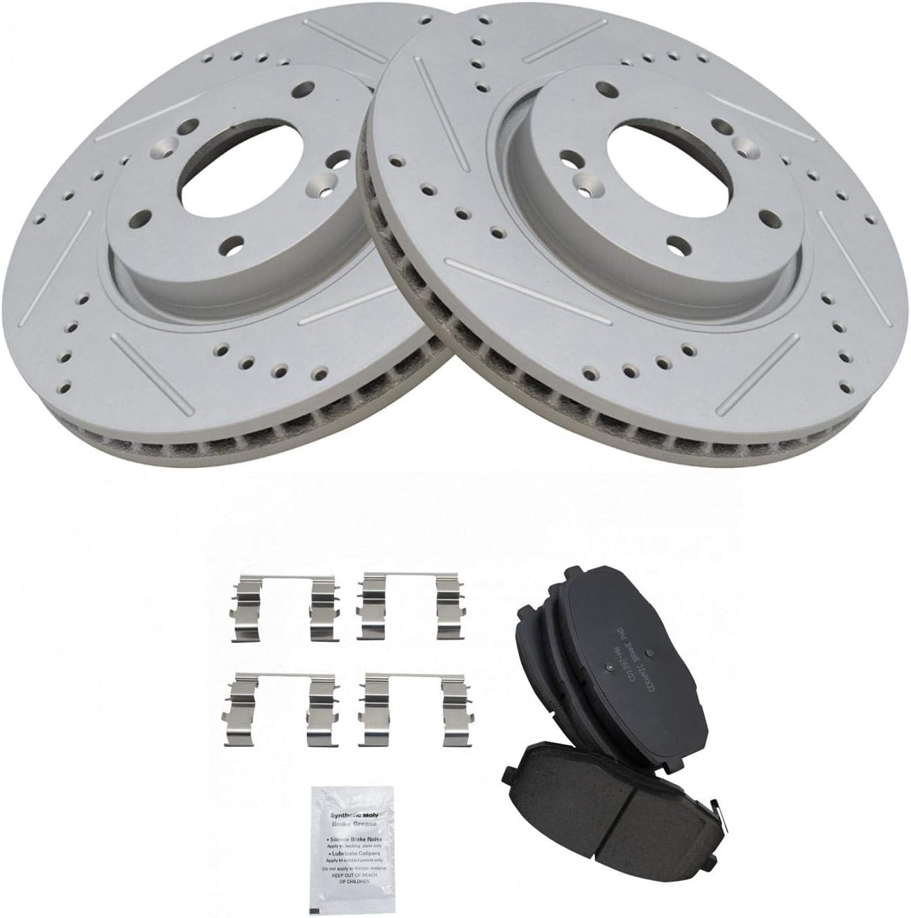 TRQ Performance Front Brake Pad and Rotor Set Ceramic Coated Drilled Slotted Vented Rotors Compatible with 2010-2013 Kia Forte Forte Koup