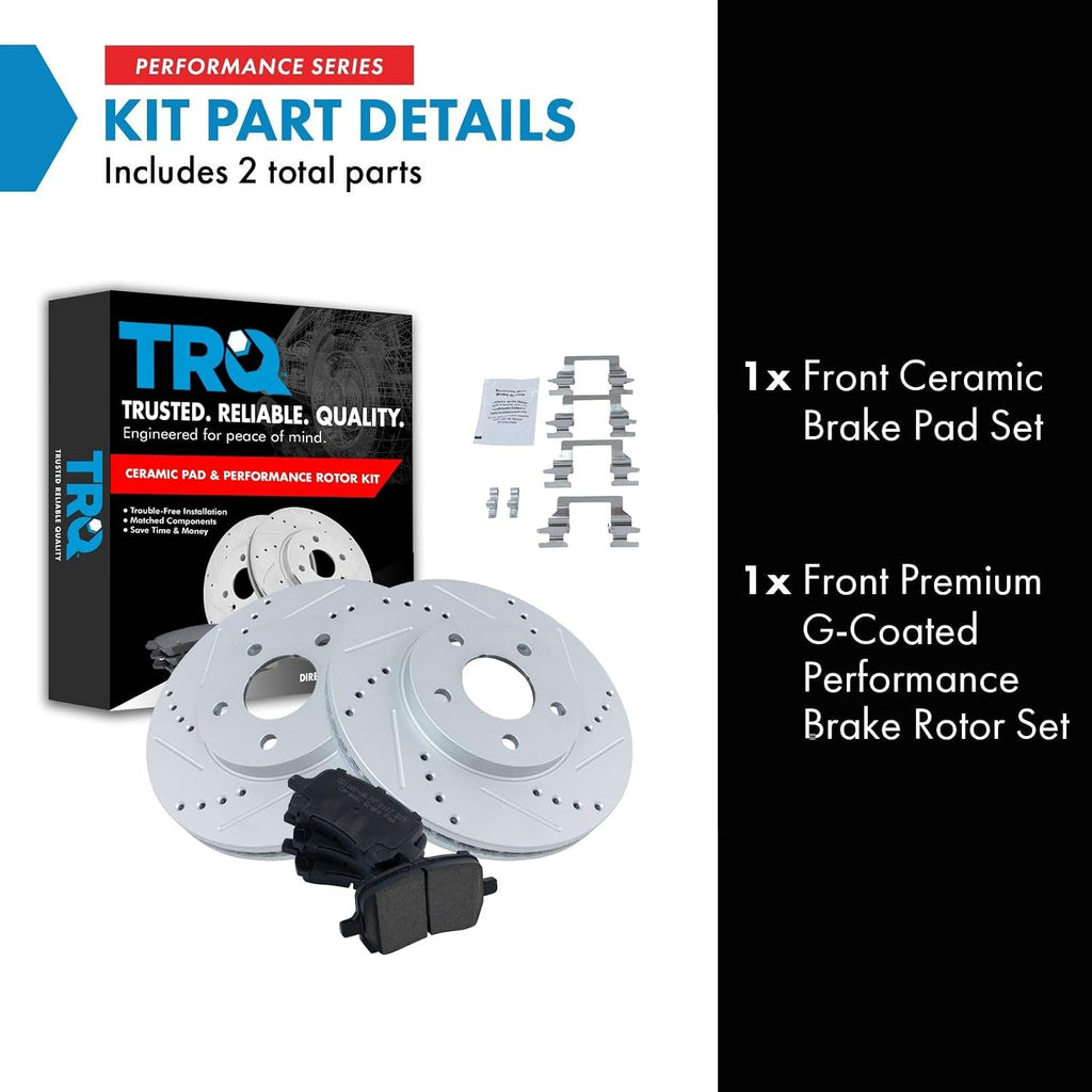 TRQ Performance Front Brake Pad and Rotor Set Ceramic G Coated Drilled Slotted Vented Rotors Compatible with 2006-2011 Chevrolet HHR