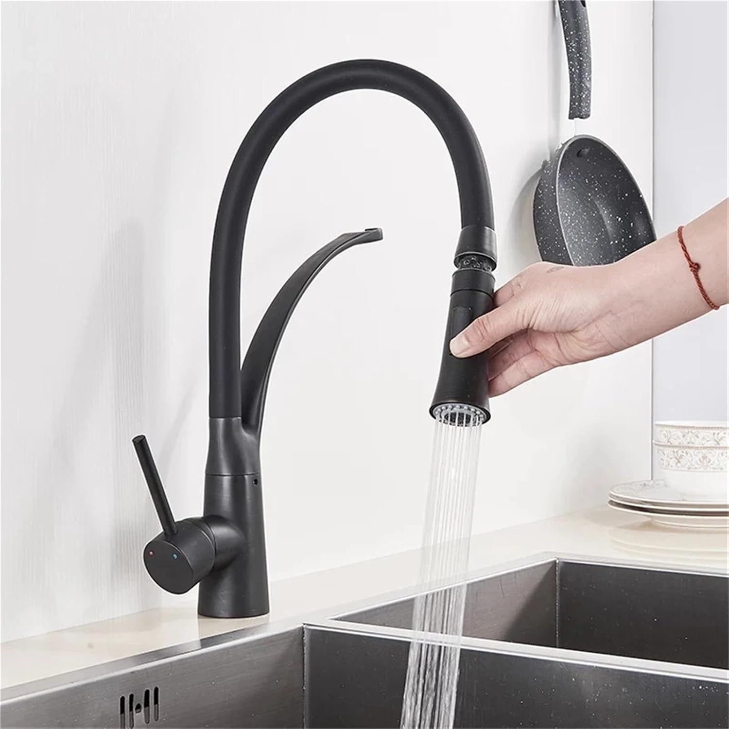 Pull Down Kitchen Faucet with Black Hose Deck Mounted Hot and Cold Water Mixer Sink Tap Swivel Kitchen Tap(Matte Black)